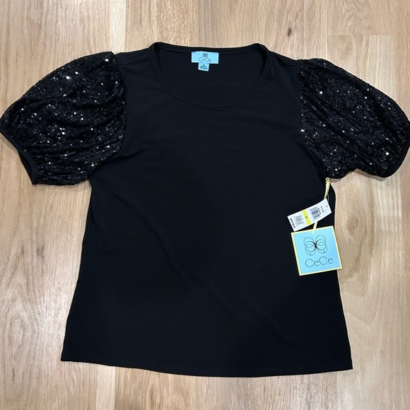CeCe Short Sleeve Sequin Sleeve Black Shirt Size M - Picture 1 of 4